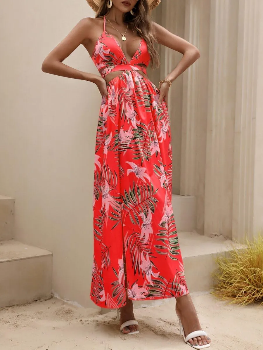 Women's Summer Dress Tie Back V Neck Floral Maxi Tropical Long Beach Vacation Side Slit