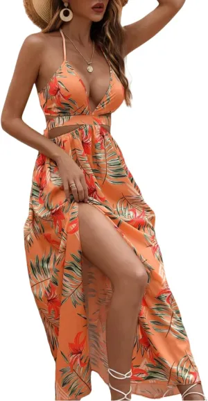 Women's Summer Dress Tie Back V Neck Floral Maxi Tropical Long Beach Vacation Side Slit