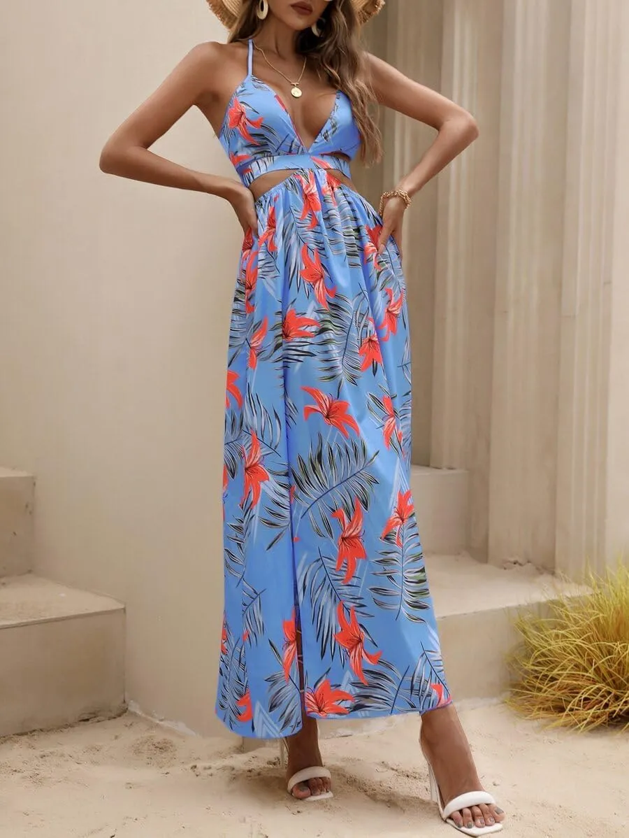 Women's Summer Dress Tie Back V Neck Floral Maxi Tropical Long Beach Vacation Side Slit