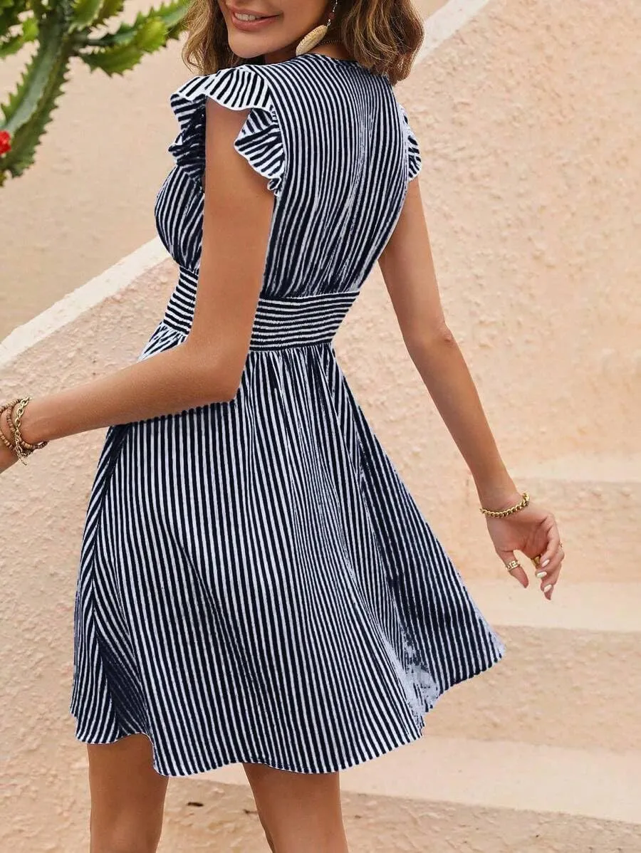 Women's Summer Dress V Neck Striped Mini Dress A Line Casual Dress Ruffle Sleeve