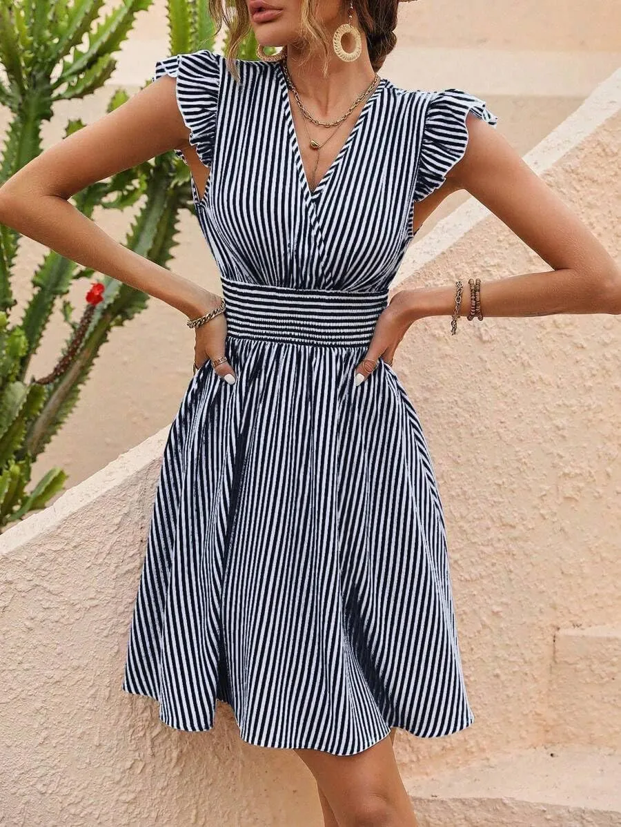 Women's Summer Dress V Neck Striped Mini Dress A Line Casual Dress Ruffle Sleeve