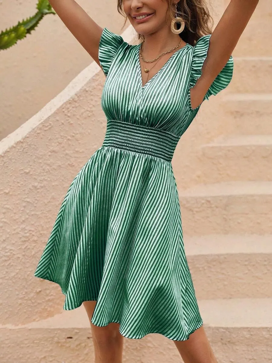 Women's Summer Dress V Neck Striped Mini Dress A Line Casual Dress Ruffle Sleeve