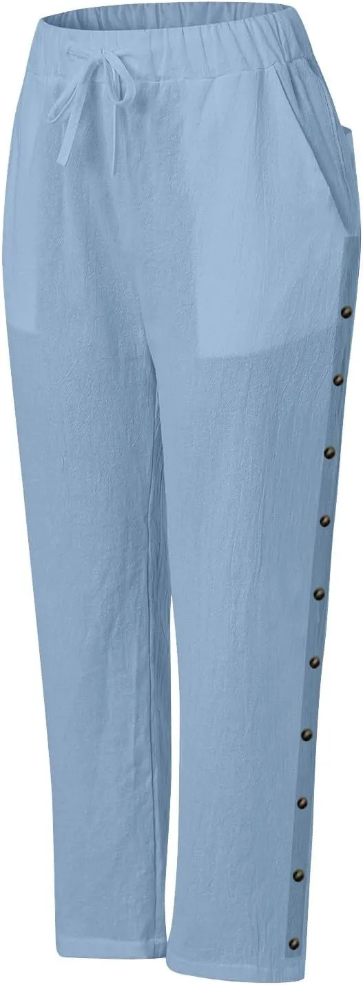 Women's Summer Linen Casual Pants Stretchy Waistband Side Button Down Trouser Stylish Outdoor Travel Home Lounge Pant