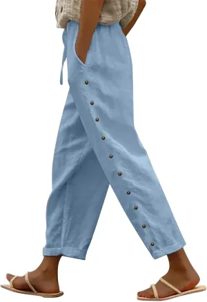 Women's Summer Linen Casual Pants Stretchy Waistband Side Button Down Trouser Stylish Outdoor Travel Home Lounge Pant