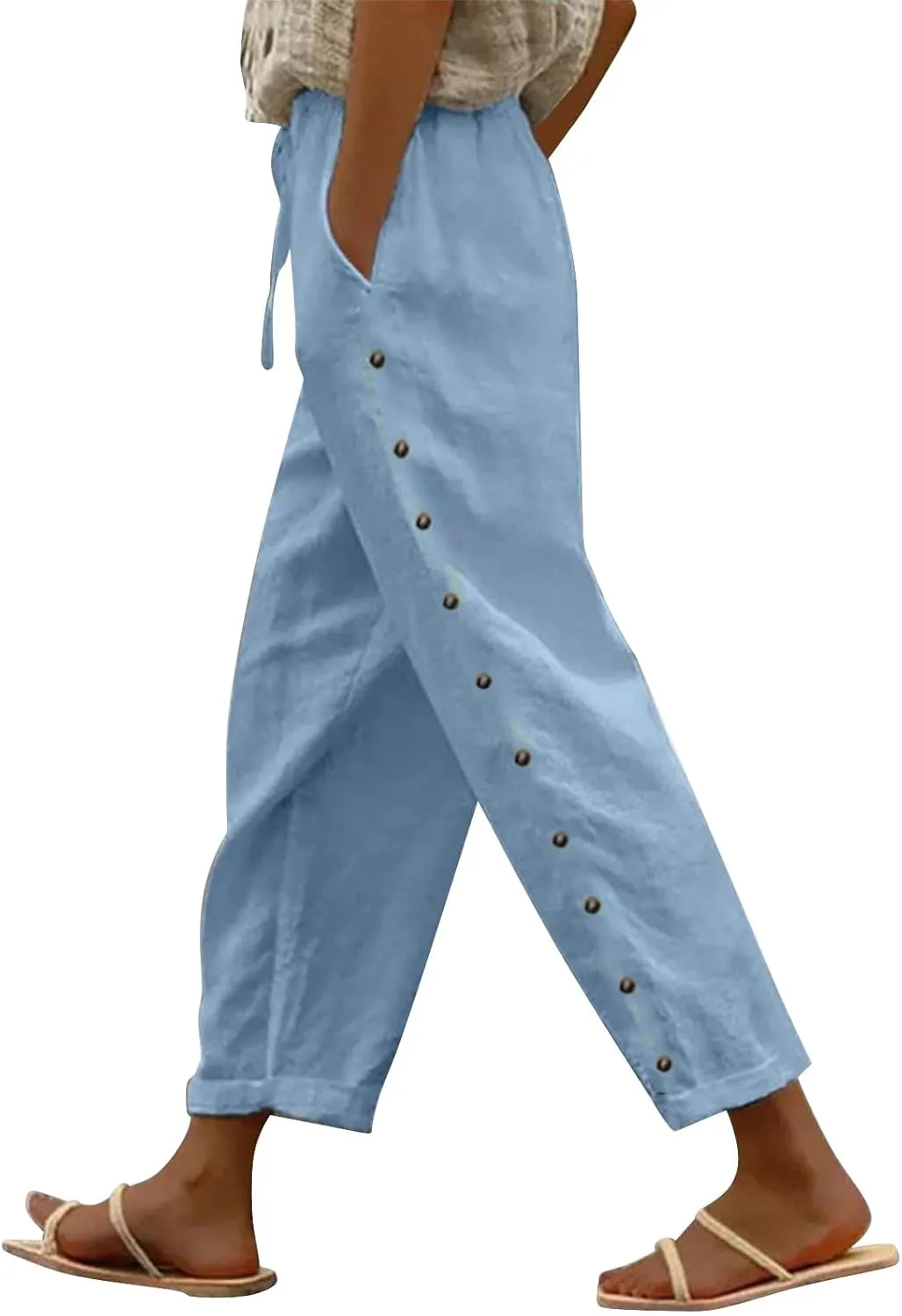Women's Summer Linen Casual Pants Stretchy Waistband Side Button Down Trouser Stylish Outdoor Travel Home Lounge Pant