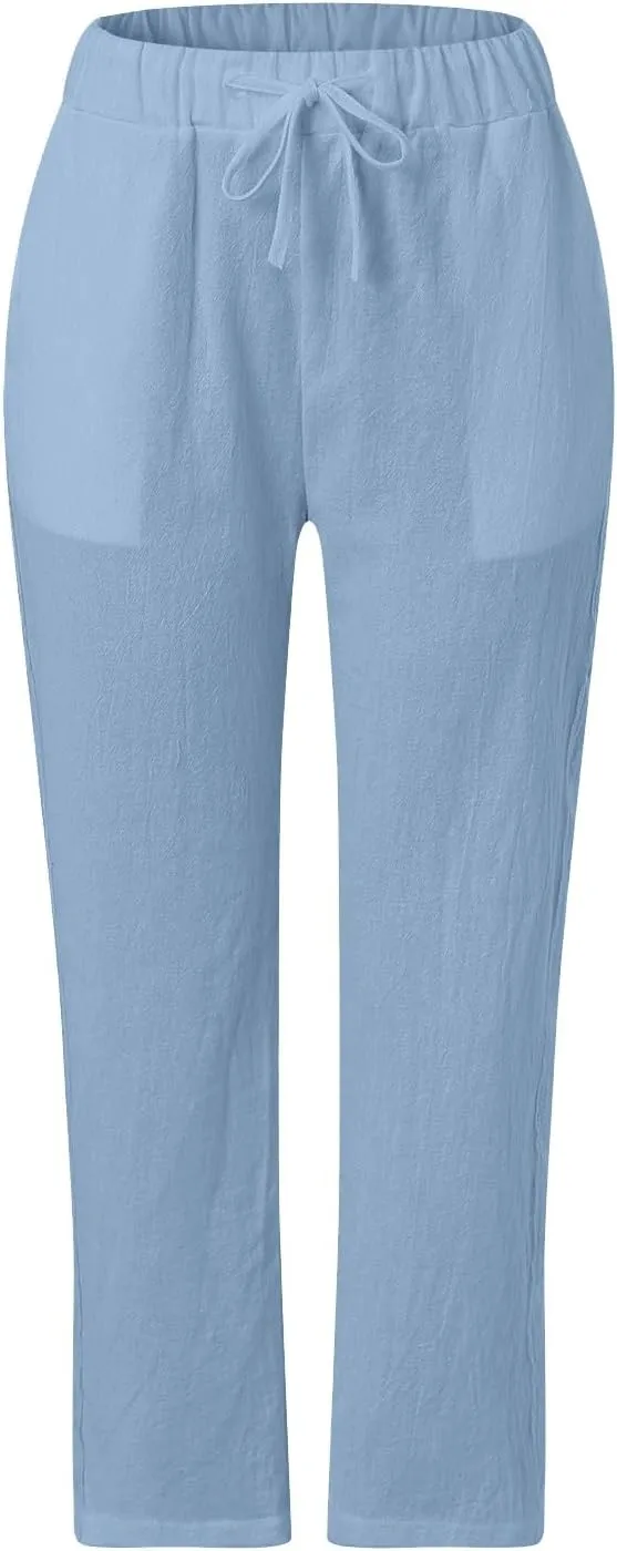 Women's Summer Linen Casual Pants Stretchy Waistband Side Button Down Trouser Stylish Outdoor Travel Home Lounge Pant