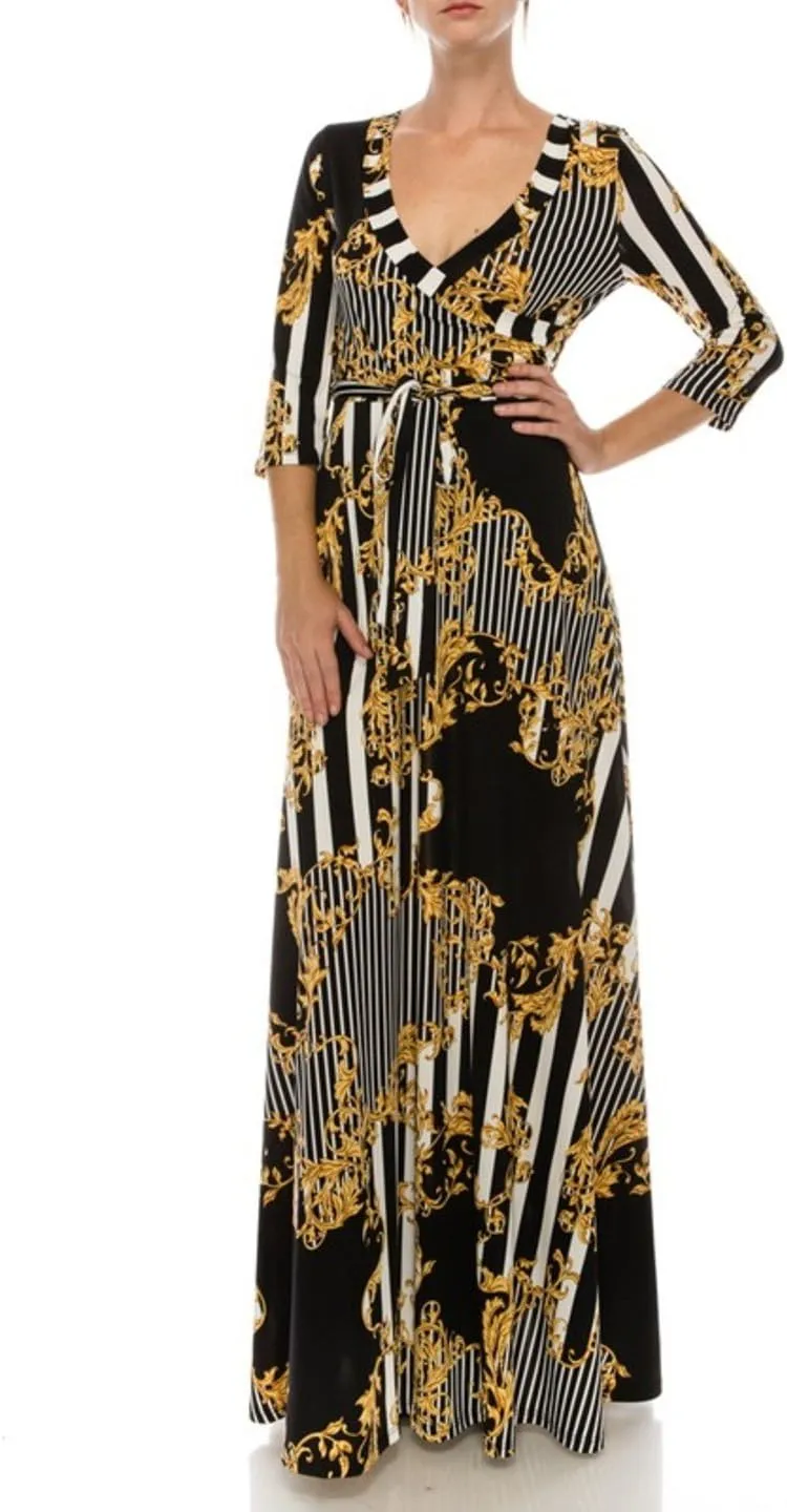 Women's Super Stretchy Maxi Party Dress Spring Floral Print Faux Wrap 3/4 Sleeve V-Neck