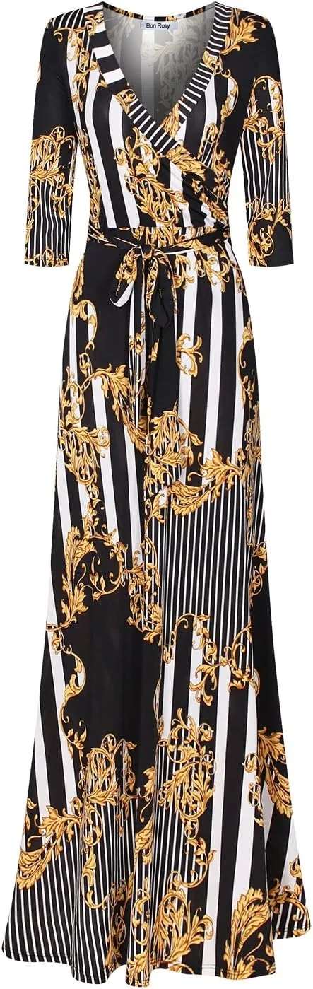 Women's Super Stretchy Maxi Party Dress Spring Floral Print Faux Wrap 3/4 Sleeve V-Neck