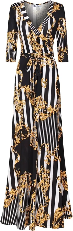 Women's Super Stretchy Maxi Party Dress Spring Floral Print Faux Wrap 3/4 Sleeve V-Neck