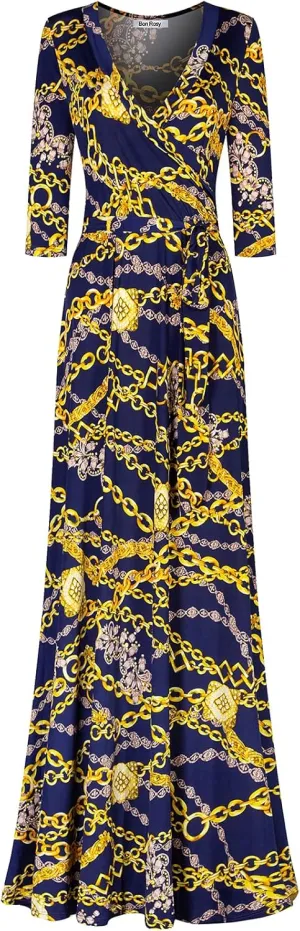 Women's Super Stretchy Maxi Party Dress Spring Floral Print Faux Wrap 3/4 Sleeve V-Neck
