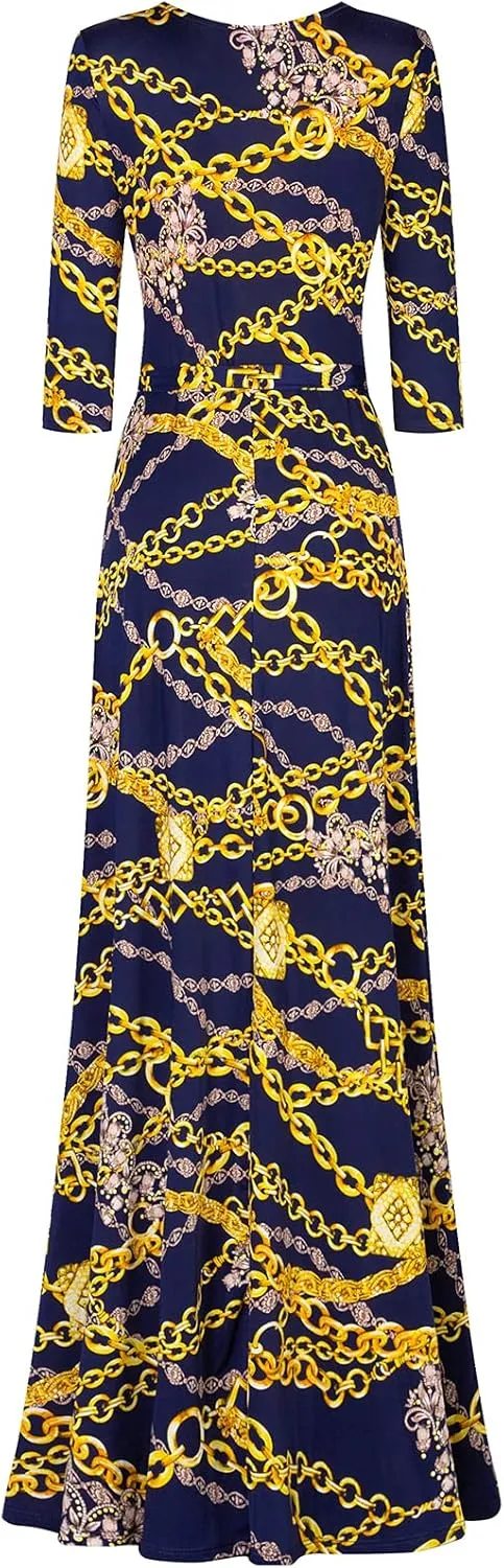 Women's Super Stretchy Maxi Party Dress Spring Floral Print Faux Wrap 3/4 Sleeve V-Neck