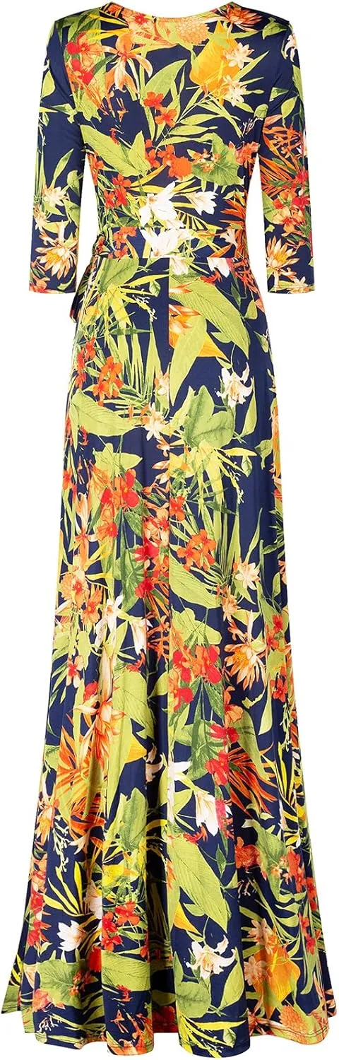 Women's Super Stretchy Maxi Party Dress Summer Beach Faux Wrap 3/4 Sleeve V-Neck Floral Print