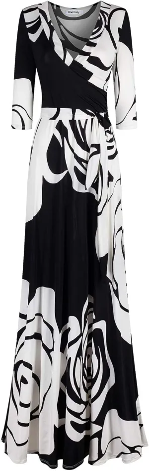 Women's Super Stretchy Maxi Party Dress Summer Beach Faux Wrap 3/4 Sleeve V-Neck Floral Print