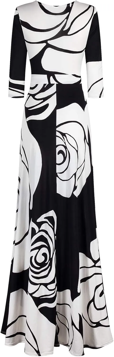 Women's Super Stretchy Maxi Party Dress Summer Beach Faux Wrap 3/4 Sleeve V-Neck Floral Print