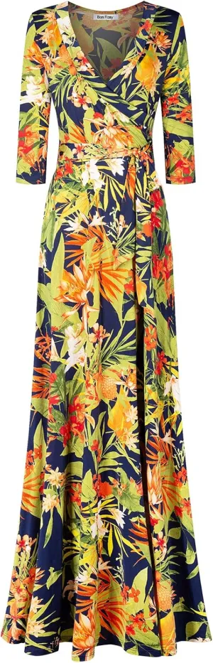 Women's Super Stretchy Maxi Party Dress Summer Beach Faux Wrap 3/4 Sleeve V-Neck Floral Print
