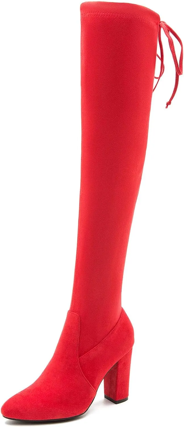 Women's Thigh High Boots Over The Knee Boot Sexy Pointed Toe Chunky Heels Boots Zipper Lace Up Long Boots