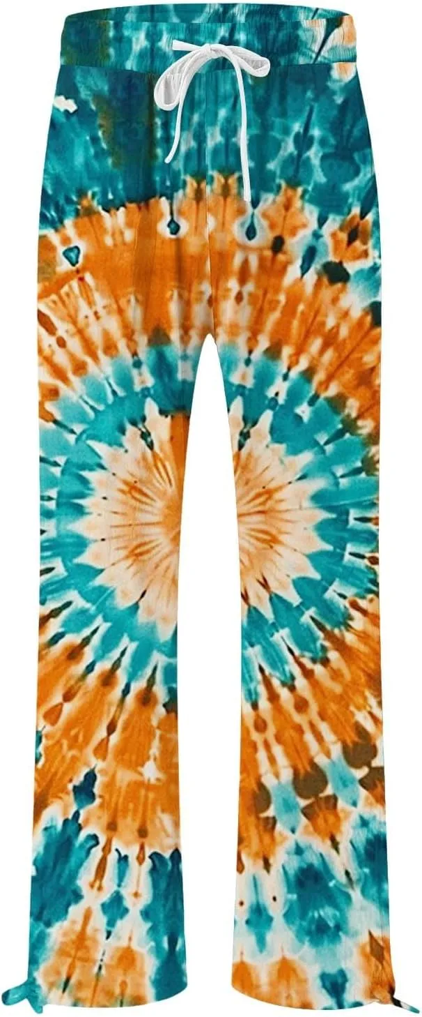 Womens Tie Dye Palazzo Pants Stylish Summer Vacation Beach Boho Flowy Casual Trouser Wide-Leg Stretchy Waistband Pant