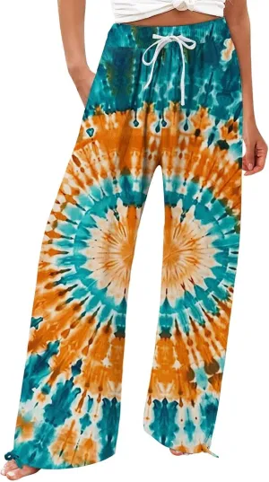 Womens Tie Dye Palazzo Pants Stylish Summer Vacation Beach Boho Flowy Casual Trouser Wide-Leg Stretchy Waistband Pant