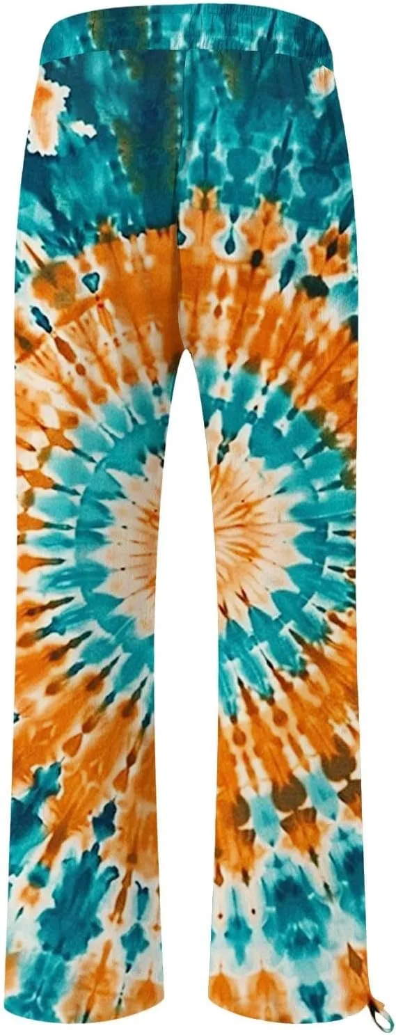 Womens Tie Dye Palazzo Pants Stylish Summer Vacation Beach Boho Flowy Casual Trouser Wide-Leg Stretchy Waistband Pant