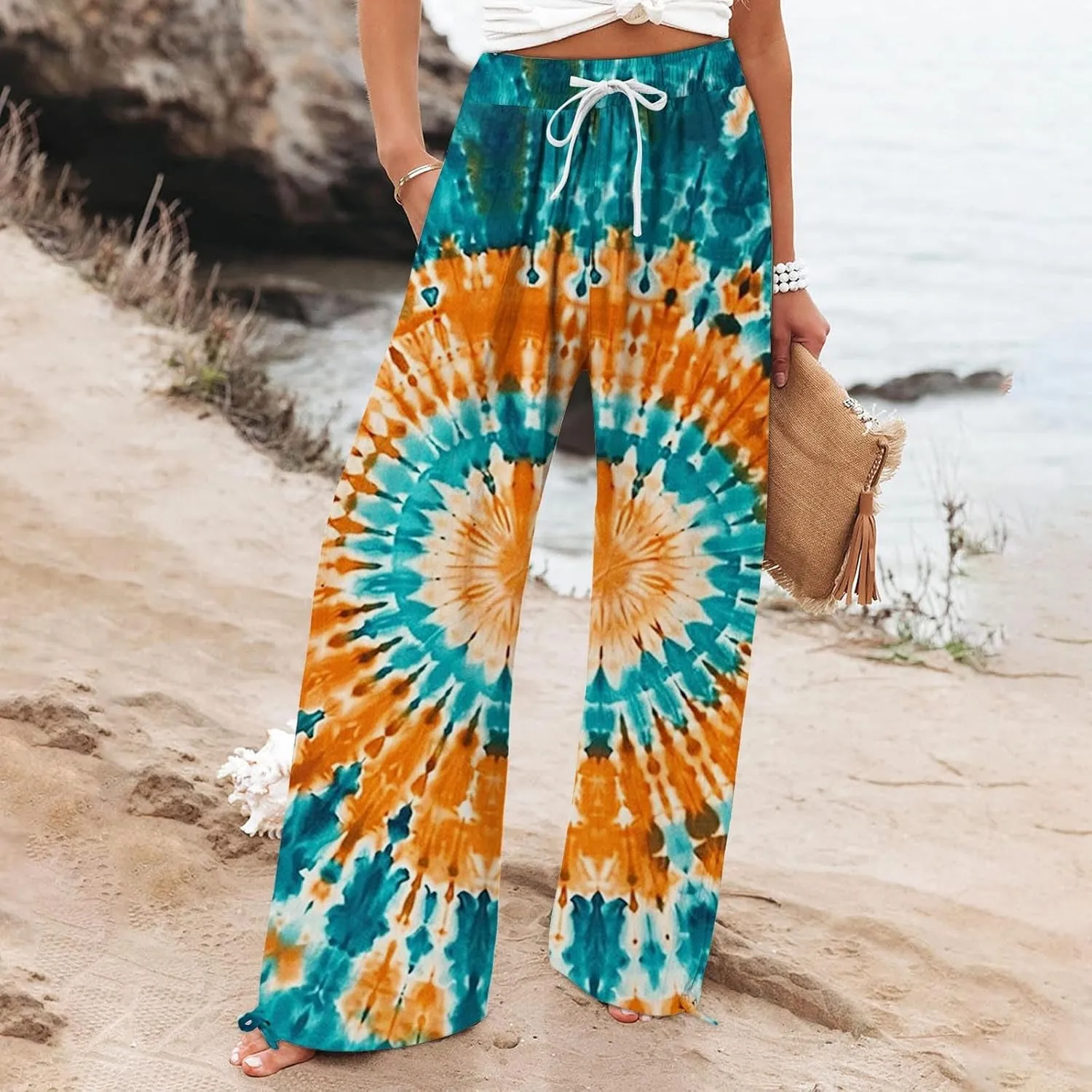 Womens Tie Dye Palazzo Pants Stylish Summer Vacation Beach Boho Flowy Casual Trouser Wide-Leg Stretchy Waistband Pant