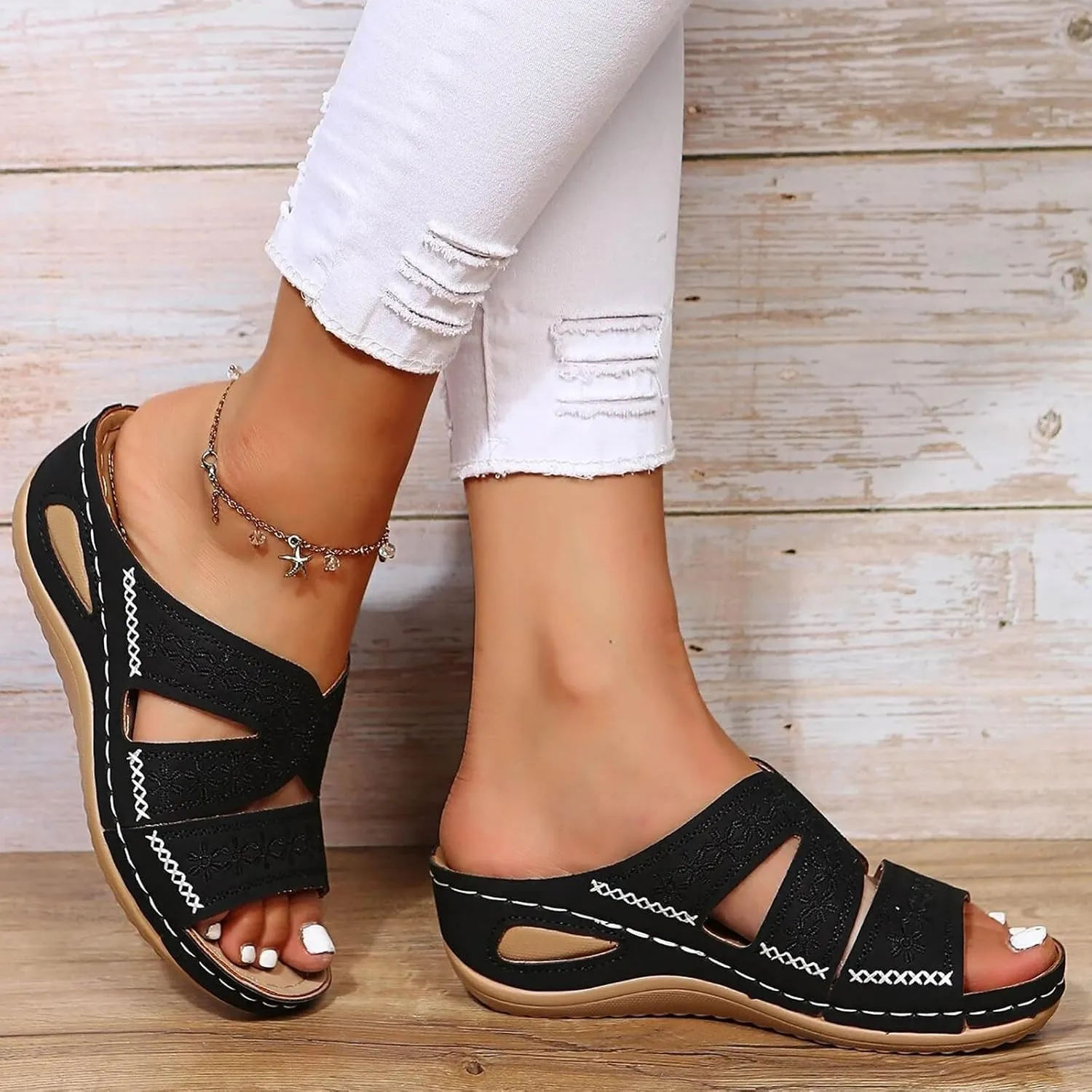 Womens Wedge Sandals Dressy, Orthopedic Sandals Women Comfortable Platform Sandals Casual Slip on Slide Sandals Summer Flip Flops Walking Wedges (a-Black, 10)