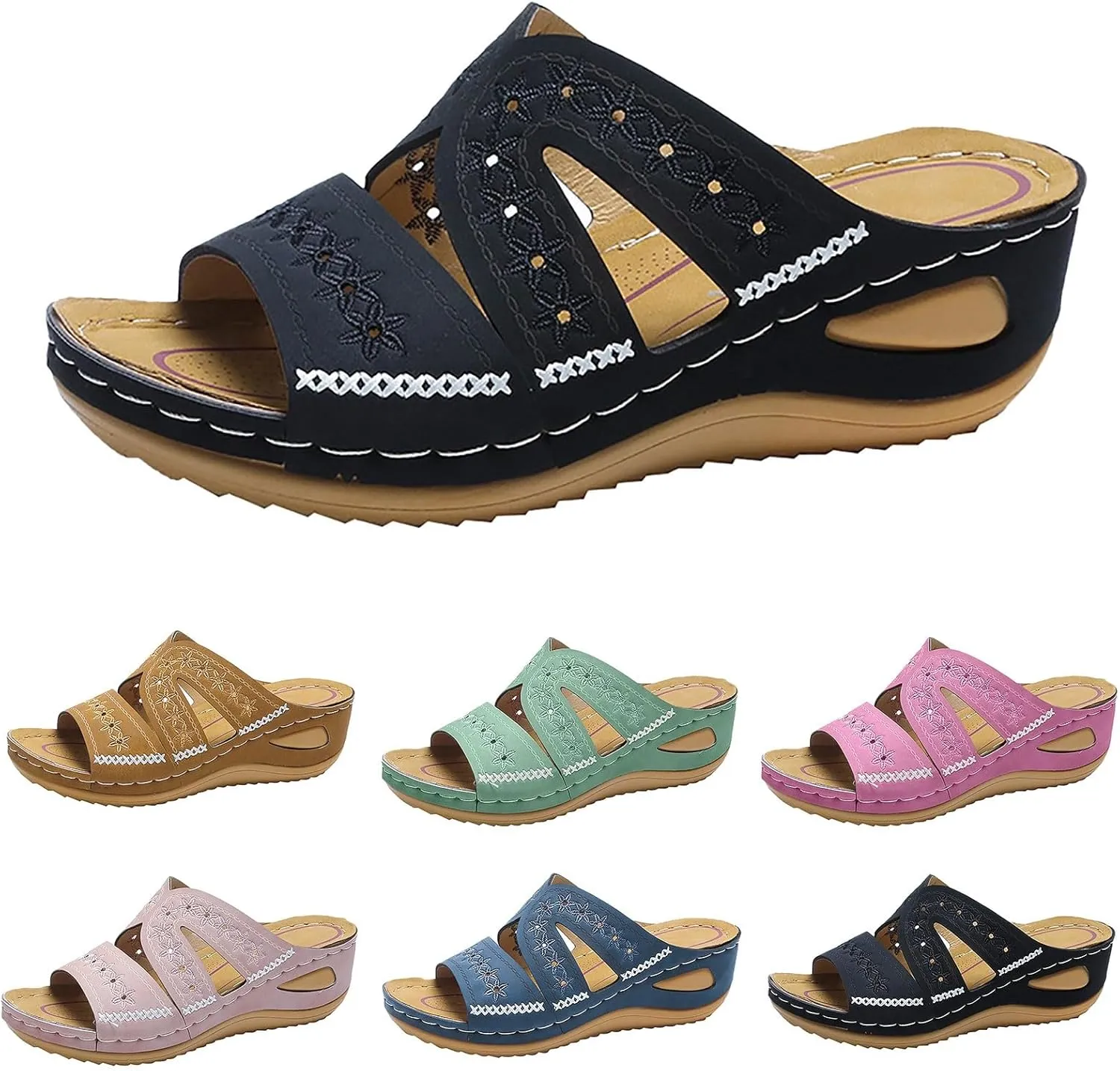 Womens Wedge Sandals Dressy, Orthopedic Sandals Women Comfortable Platform Sandals Casual Slip on Slide Sandals Summer Flip Flops Walking Wedges (a-Black, 10)