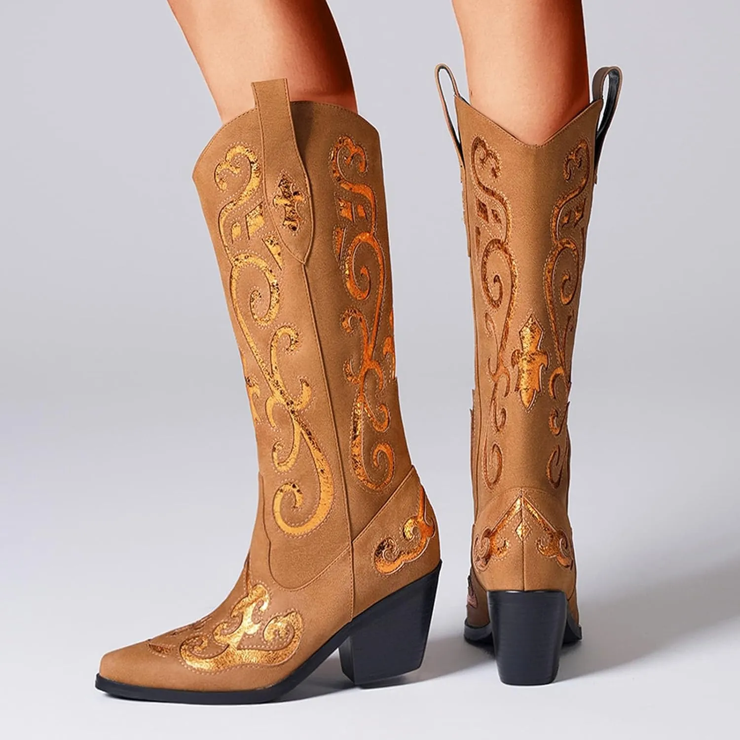 Women's Western Knee-high Boot Cowboy Boots for Women Cowgirl Mid Calf Boots Floral Embroidery Pointed Toe Chunky Heel 2.5" Ladies Western Boot