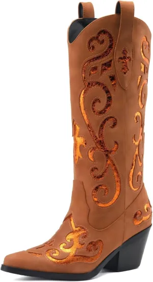 Women's Western Knee-high Boot Cowboy Boots for Women Cowgirl Mid Calf Boots Floral Embroidery Pointed Toe Chunky Heel 2.5" Ladies Western Boot