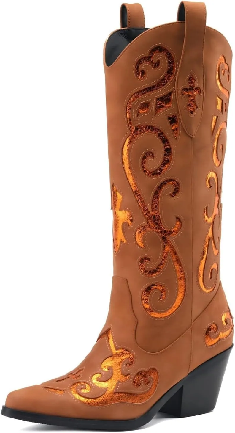 Women's Western Knee-high Boot Cowboy Boots for Women Cowgirl Mid Calf Boots Floral Embroidery Pointed Toe Chunky Heel 2.5" Ladies Western Boot