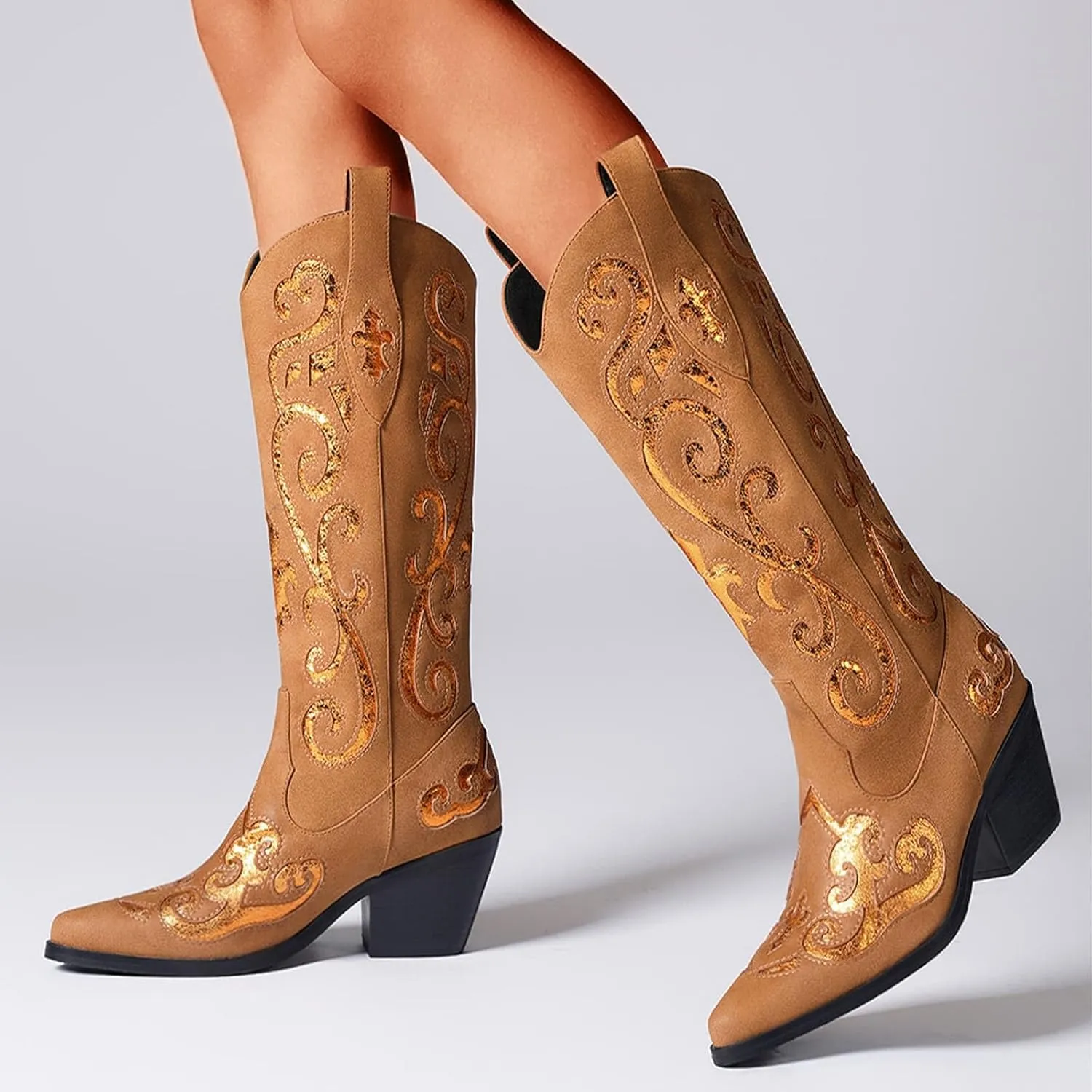 Women's Western Knee-high Boot Cowboy Boots for Women Cowgirl Mid Calf Boots Floral Embroidery Pointed Toe Chunky Heel 2.5" Ladies Western Boot