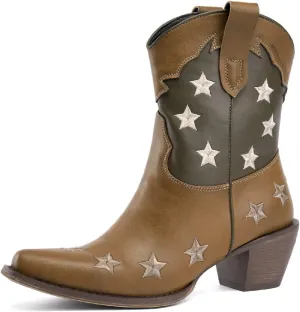 Women's Western Knee-high Boot Cowboy Boots for Women Cowgirl Mid Calf Boots Floral Embroidery Pointed Toe Chunky Heel 2.5" Ladies Western Boot