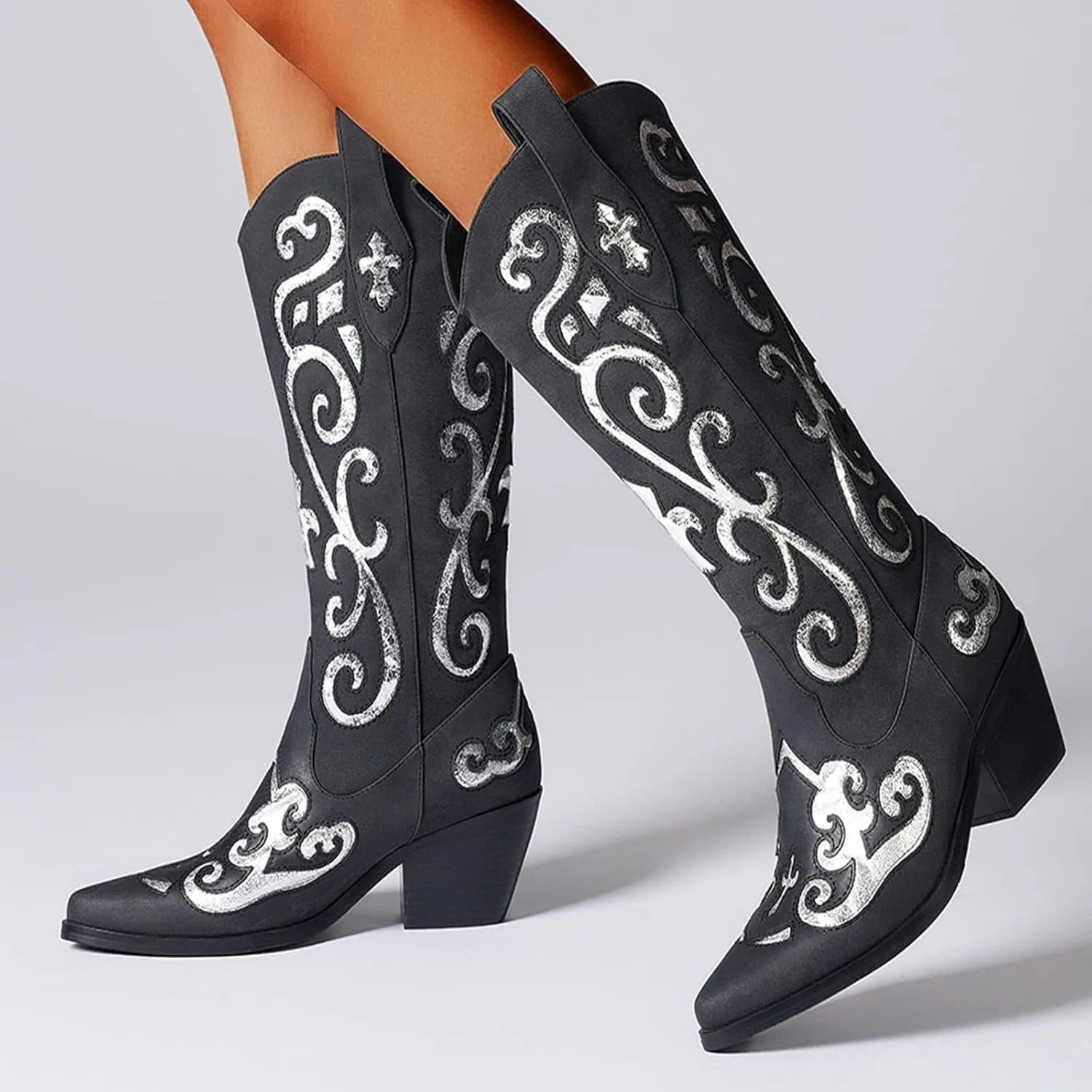 Women's Western Knee-high Boot Cowboy Boots for Women Cowgirl Mid Calf Boots Floral Embroidery Pointed Toe Chunky Heel 2.5" Ladies Western Boot