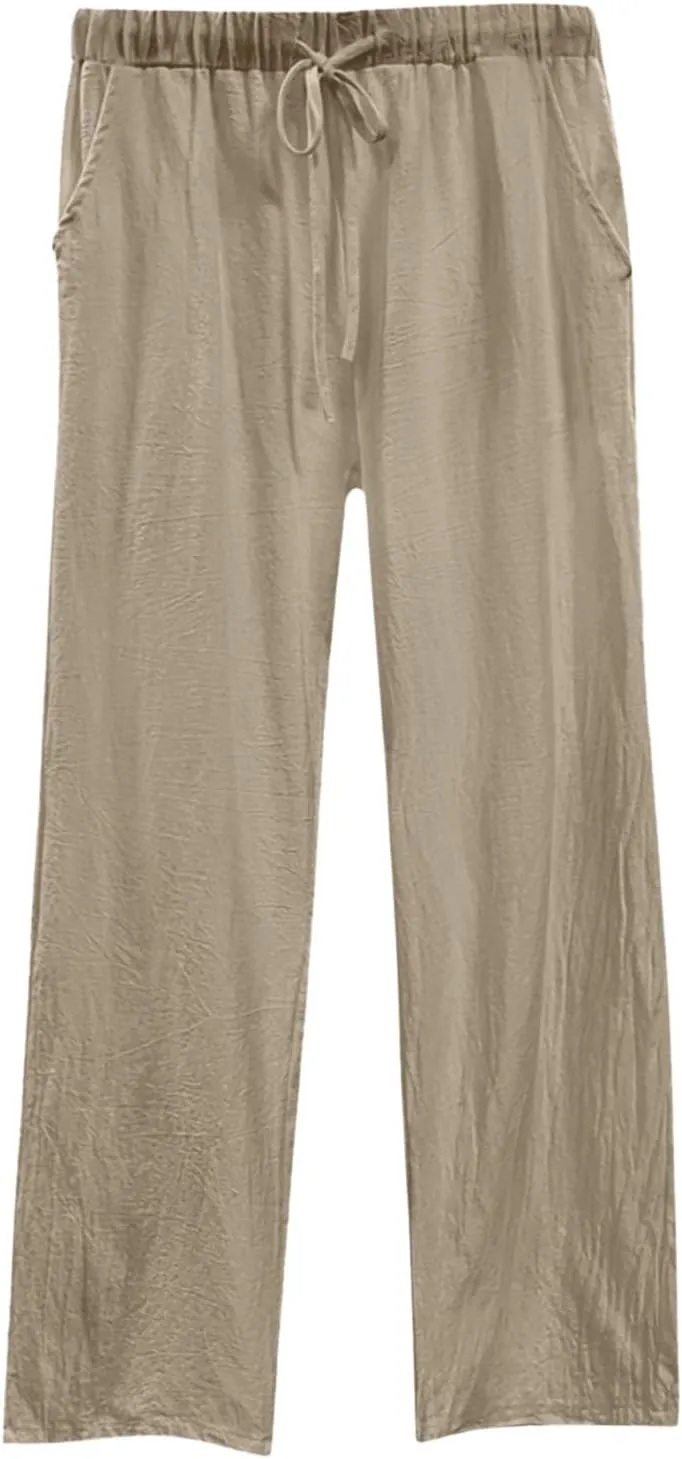 Womens Wide Leg Linen Pants Beach Casual High Elastic Waisted Palazzo Pant Suit Tie Side Trouser with Pocket