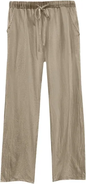 Womens Wide Leg Linen Pants Beach Casual High Elastic Waisted Palazzo Pant Suit Tie Side Trouser with Pocket