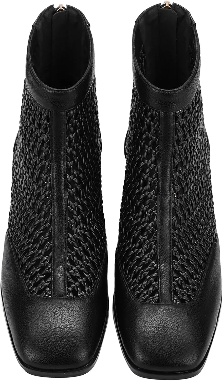 Women's Woven Mesh Leather Ankle Booties 2" Block Heel Square Toe Back Zipper Sandal Boots | Black Office Evening Shoes Breathable Comfor