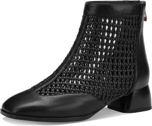 Women's Woven Mesh Leather Ankle Booties 2" Block Heel Square Toe Back Zipper Sandal Boots | Black Office Evening Shoes Breathable Comfor