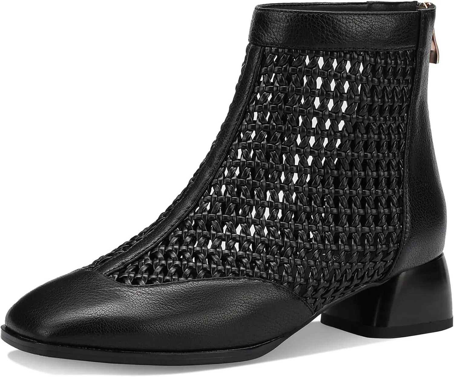 Women's Woven Mesh Leather Ankle Booties 2" Block Heel Square Toe Back Zipper Sandal Boots | Black Office Evening Shoes Breathable Comfor