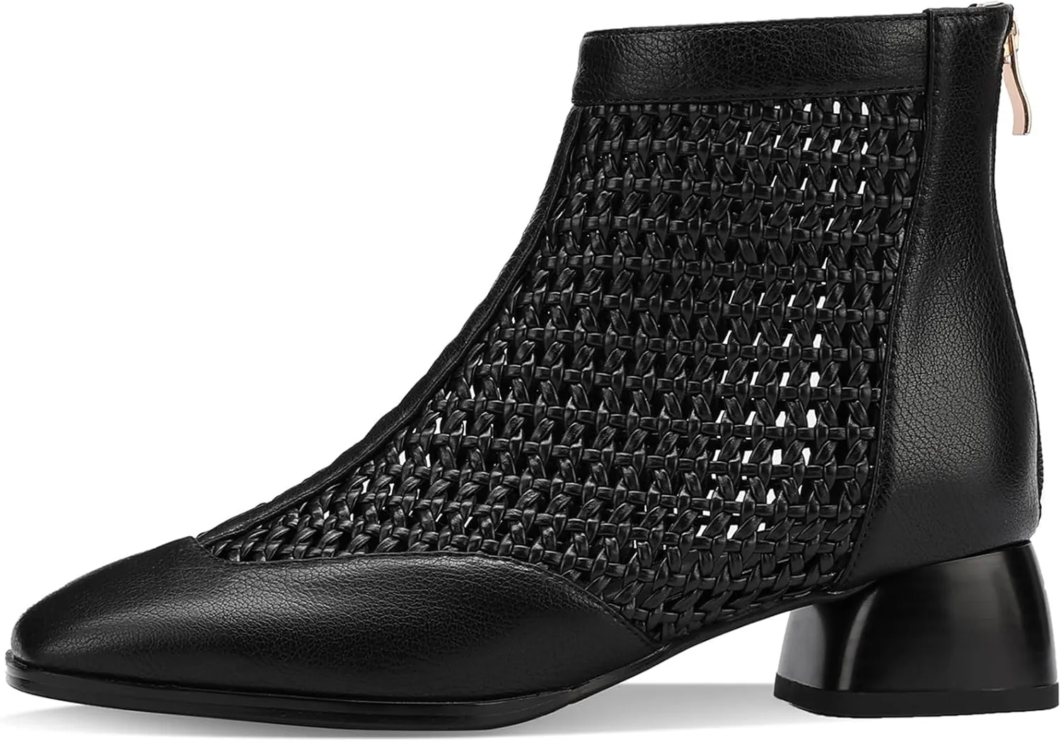 Women's Woven Mesh Leather Ankle Booties 2" Block Heel Square Toe Back Zipper Sandal Boots | Black Office Evening Shoes Breathable Comfor