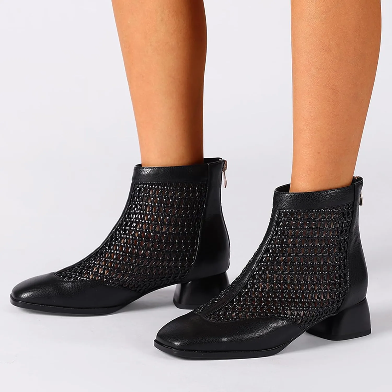 Women's Woven Mesh Leather Ankle Booties 2" Block Heel Square Toe Back Zipper Sandal Boots | Black Office Evening Shoes Breathable Comfor