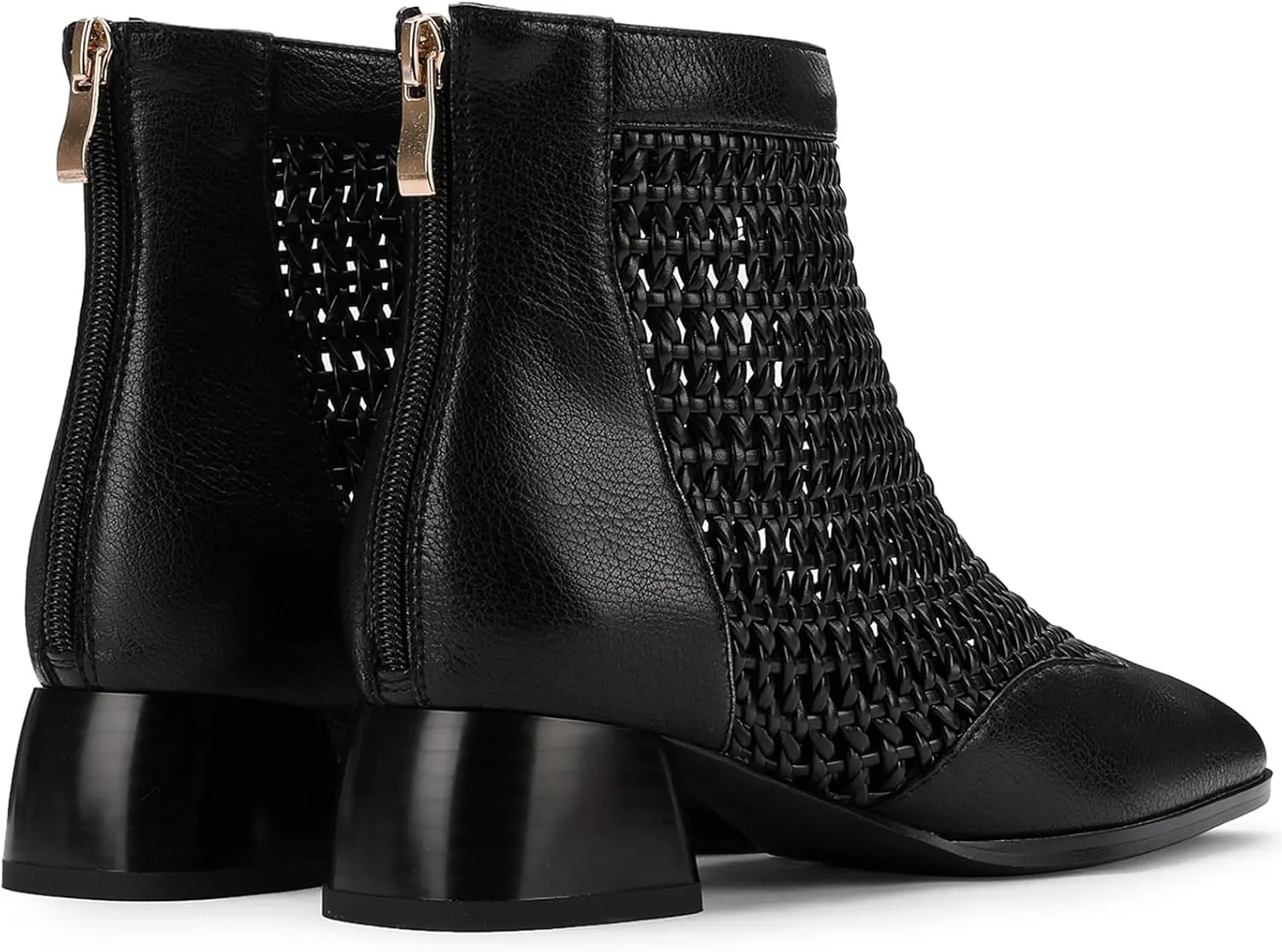 Women's Woven Mesh Leather Ankle Booties 2" Block Heel Square Toe Back Zipper Sandal Boots | Black Office Evening Shoes Breathable Comfor