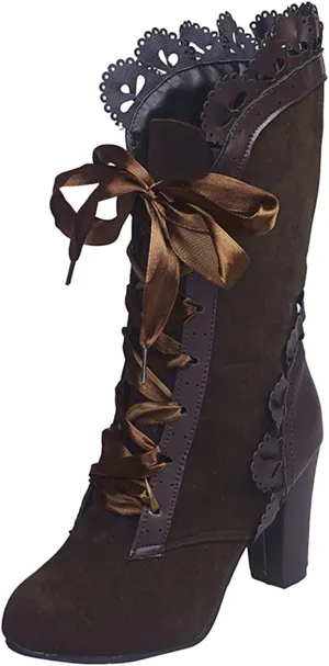 Womenyiaor Victorian Boots for Women Halloween Boots Lace Up Renaissance Boots 70s Vintage Boots Costume Witch Shoes Low Heel Goth Boots Mid Calf Boots