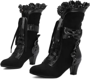 Womenyiaor Victorian Boots for Women Halloween Boots Lace Up Renaissance Boots 70s Vintage Boots Costume Witch Shoes Low Heel Goth Boots Mid Calf Boots
