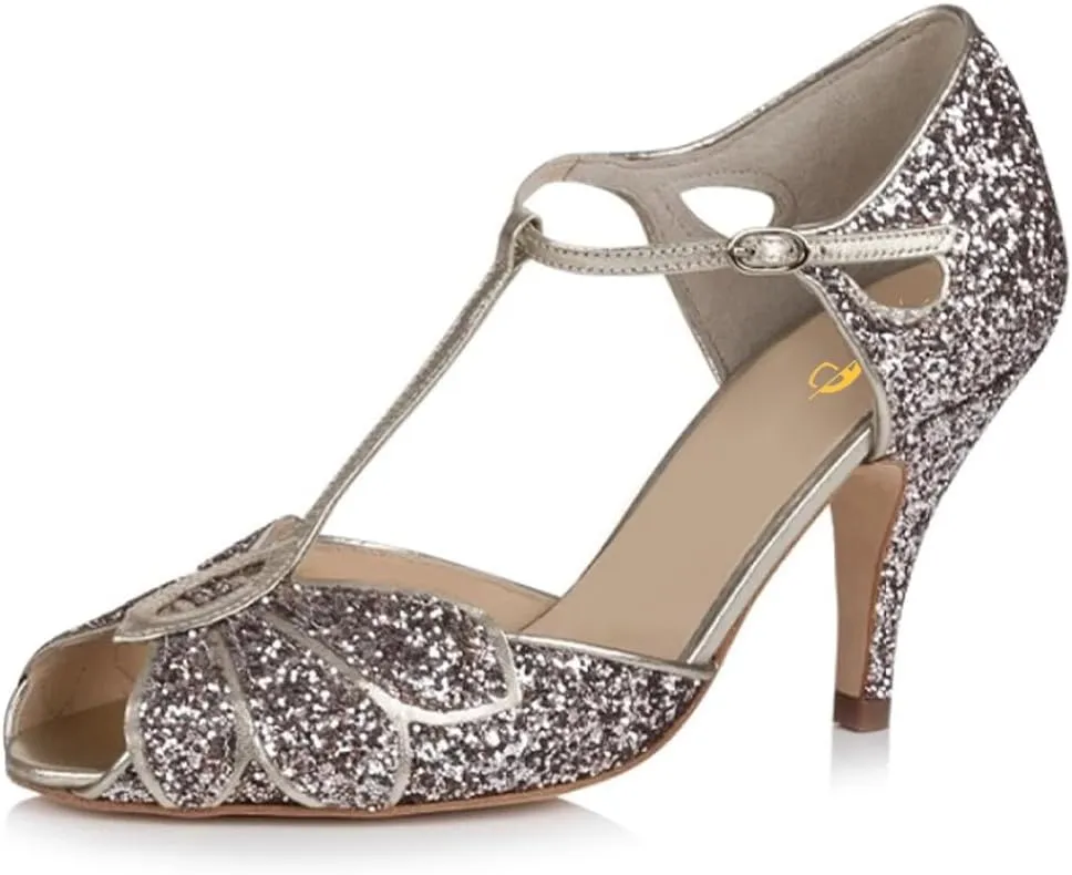 XYD Women Dance Ballroom Latin Jazz Sandals Mid Heels Peep Toe T-Strap Butterfly Bridal Evening Fancy Pumps Shoes