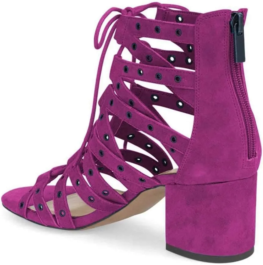 XYD Women Gladiator Caged Block Heel Sandals Open Toe Grommets Straps Cutout Back Zipper Dress Pumps Shoes