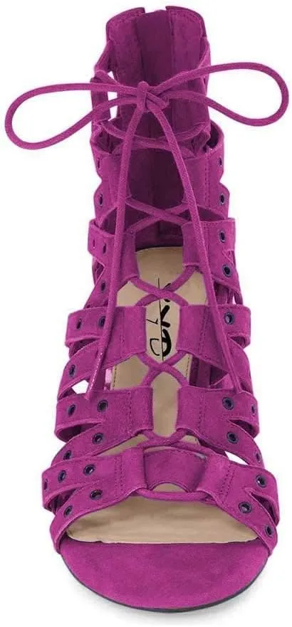XYD Women Gladiator Caged Block Heel Sandals Open Toe Grommets Straps Cutout Back Zipper Dress Pumps Shoes