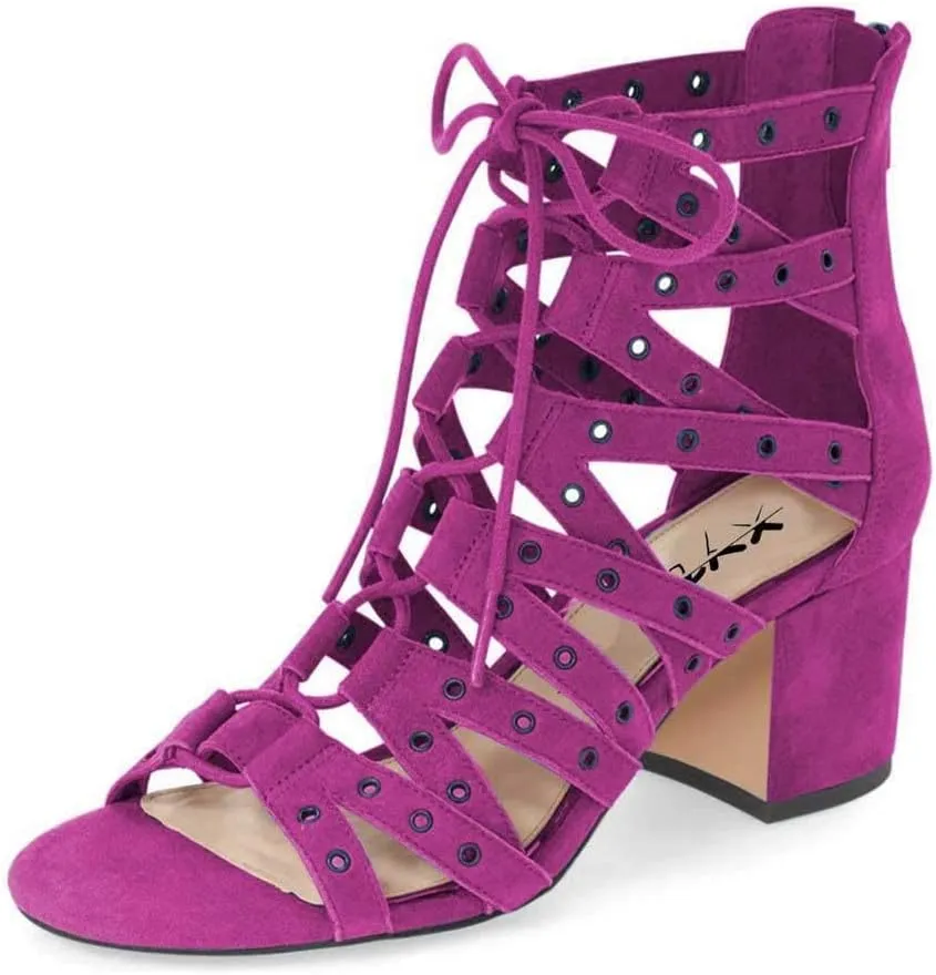 XYD Women Gladiator Caged Block Heel Sandals Open Toe Grommets Straps Cutout Back Zipper Dress Pumps Shoes