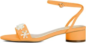 XYD Women Pearl Flower Bridal Chunky Sandals Ankle Strappy Open Toe Circular Low Heels Wedding Shoes