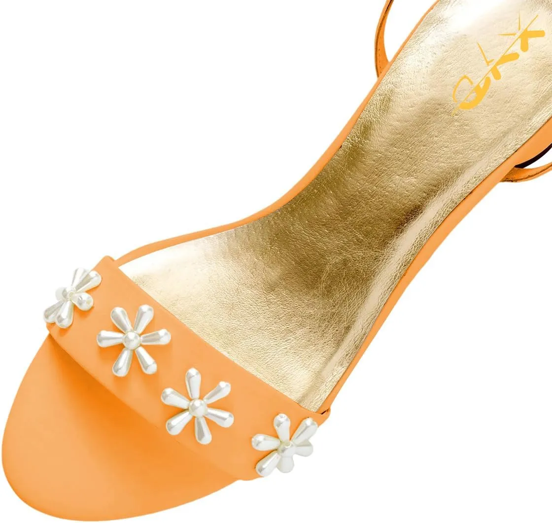 XYD Women Pearl Flower Bridal Chunky Sandals Ankle Strappy Open Toe Circular Low Heels Wedding Shoes