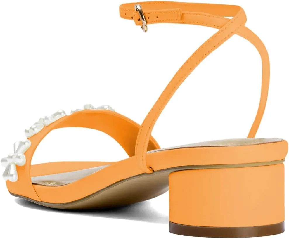 XYD Women Pearl Flower Bridal Chunky Sandals Ankle Strappy Open Toe Circular Low Heels Wedding Shoes