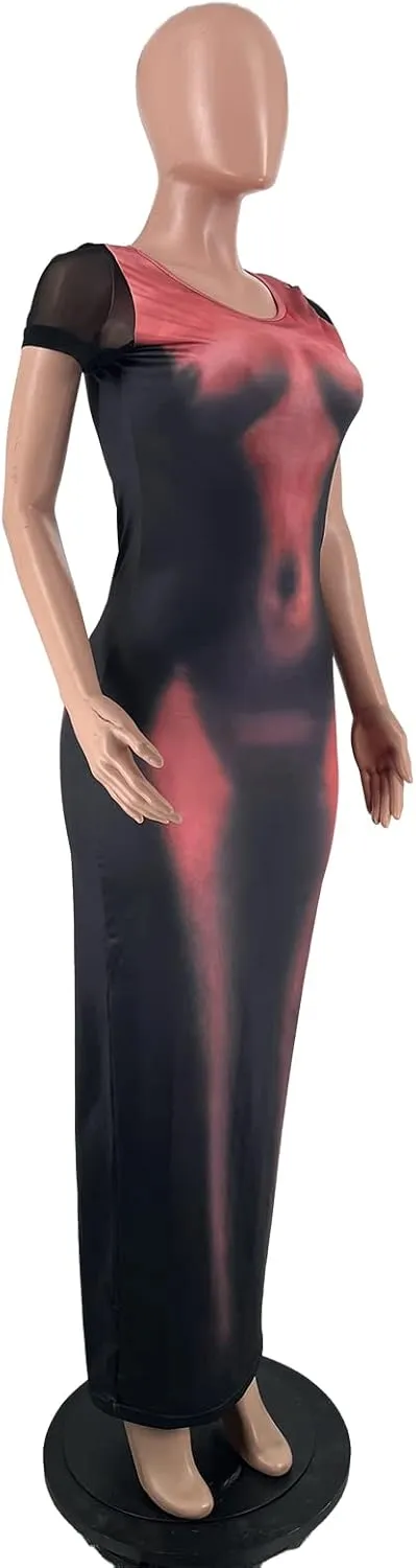 XZLUFNY Y2K 3D Body Print Maxi Dress Women Aesthetic Short Sleeve Party Dress